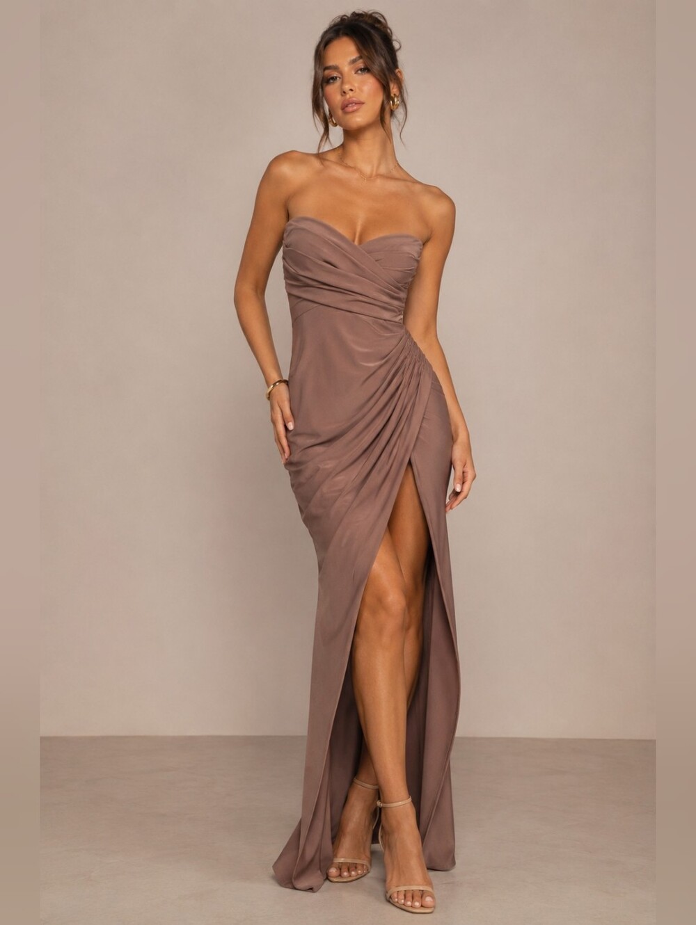Windsor Mauve Strapless Ruched Draped High Slit Maxi Dress